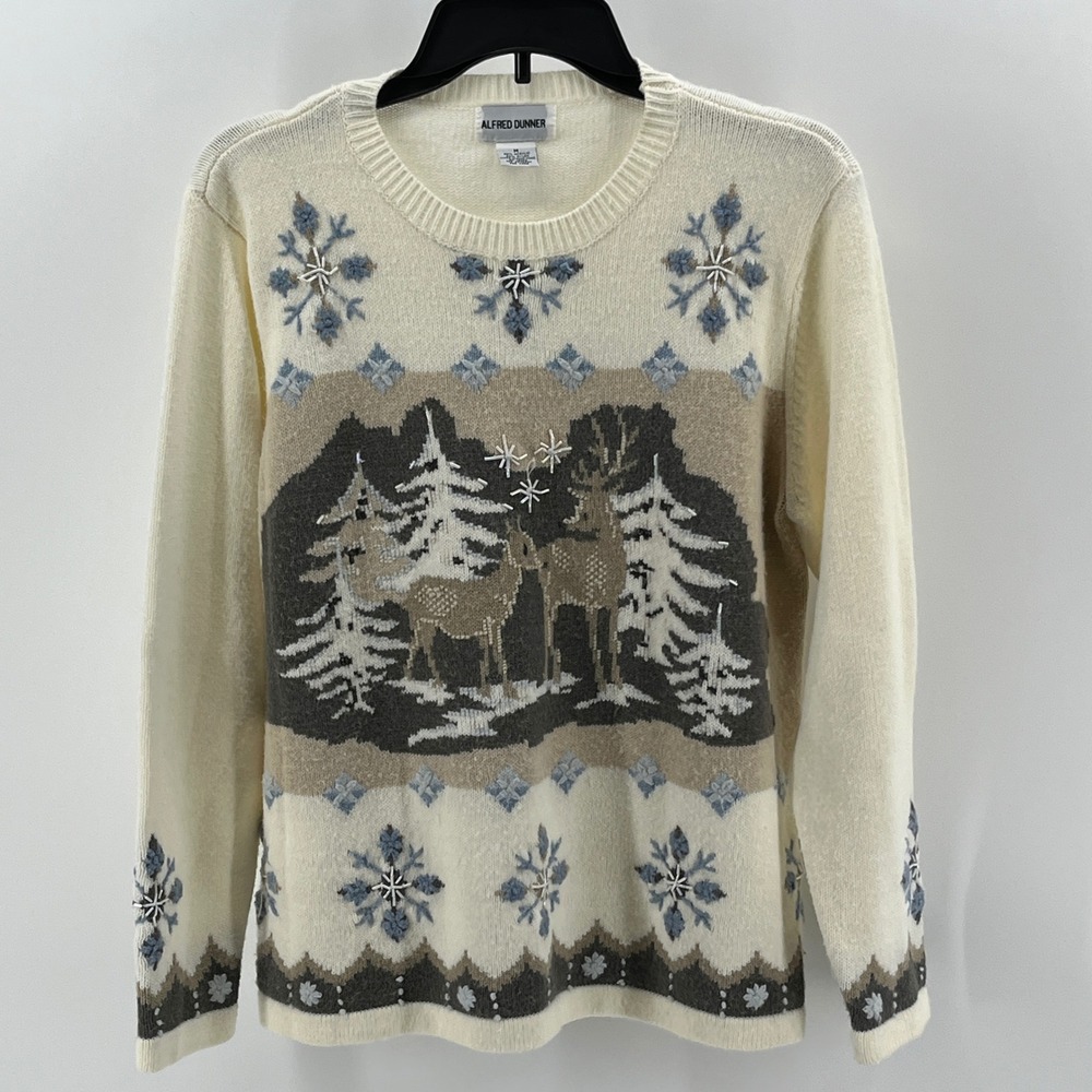 Vintage Alfred Dunner Winter Deer Snowflake Beaded Knit Sweater Cream Medium